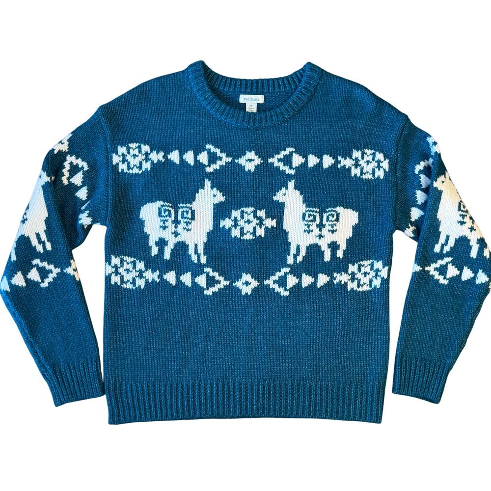 Sundance Llama Sweater Crewneck Fair Isle Style Chunky Teal Women’s Medium